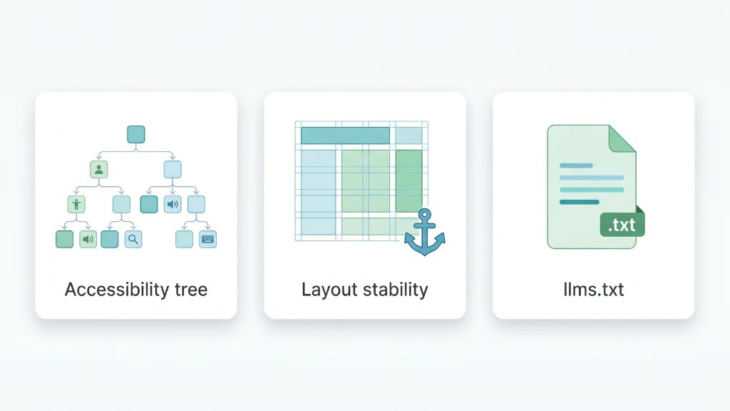 Tre kontrollet default të Agentic Browsing: accessibility tree, layout stability dhe llms.txt