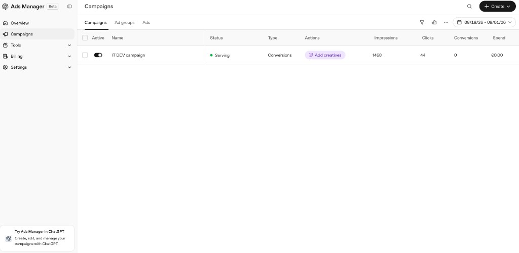 IT DEV ekzekuton tashmë fushatë live në OpenAI Ads Manager Beta
